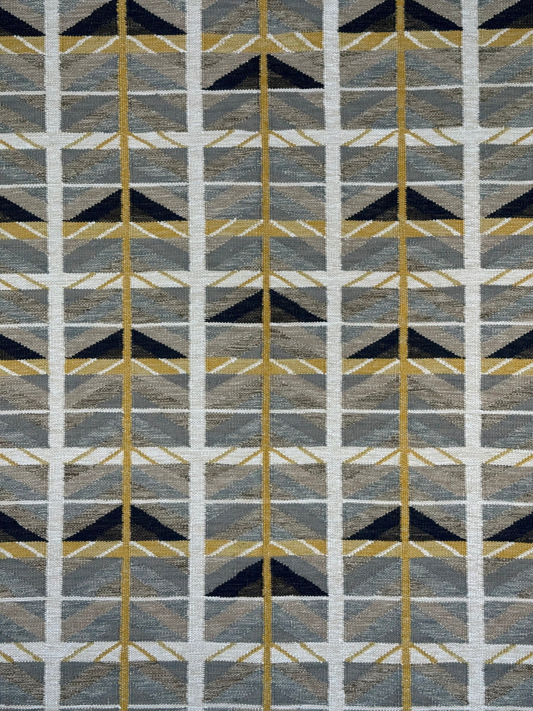 Golden Arrows - Slate Blue, Mustard &amp; Ivory Geometric Flatweave Rug – 8’0” x 10’0”