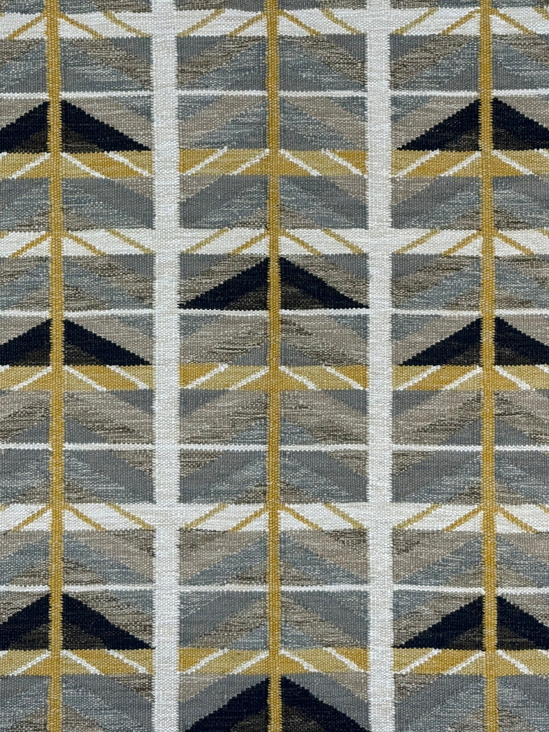 Golden Arrows - Slate Blue, Mustard &amp; Ivory Geometric Flatweave Rug – 8’0” x 10’0”