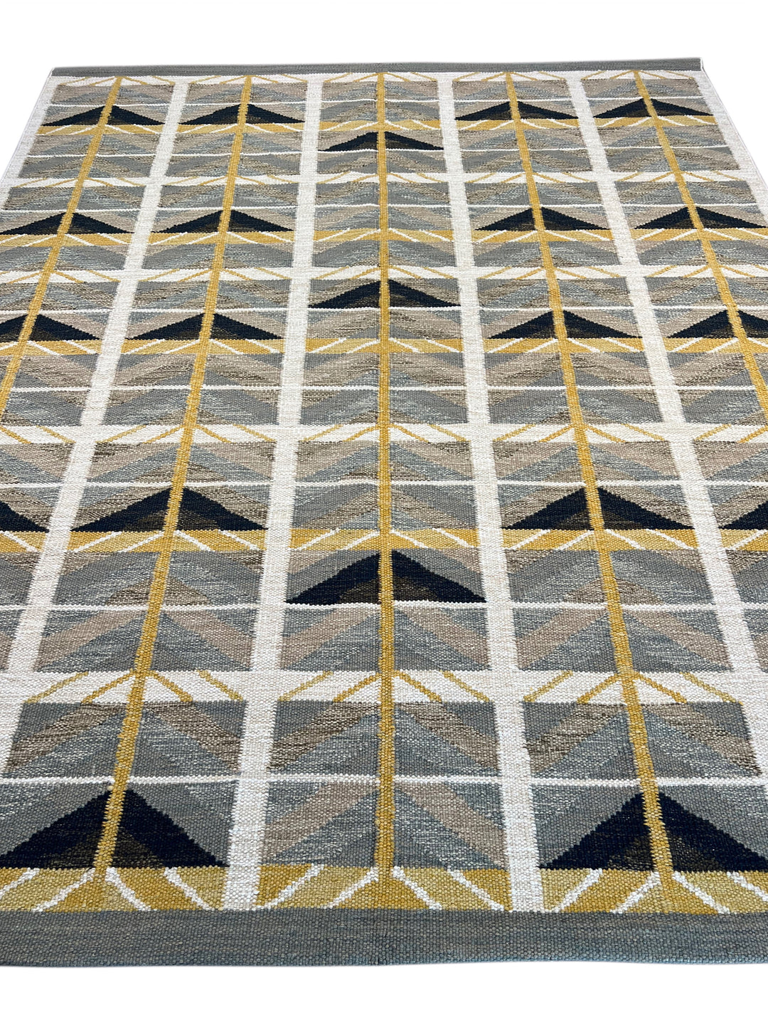 Golden Arrows - Slate Blue, Mustard &amp; Ivory Geometric Flatweave Rug – 8’0” x 10’0”