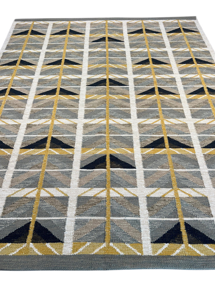 Golden Arrows - Slate Blue, Mustard &amp; Ivory Geometric Flatweave Rug – 8’0” x 10’0”