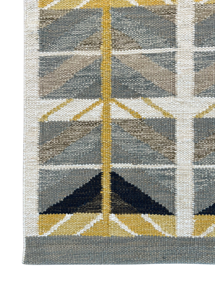 Golden Arrows - Slate Blue, Mustard &amp; Ivory Geometric Flatweave Rug – 8’0” x 10’0”