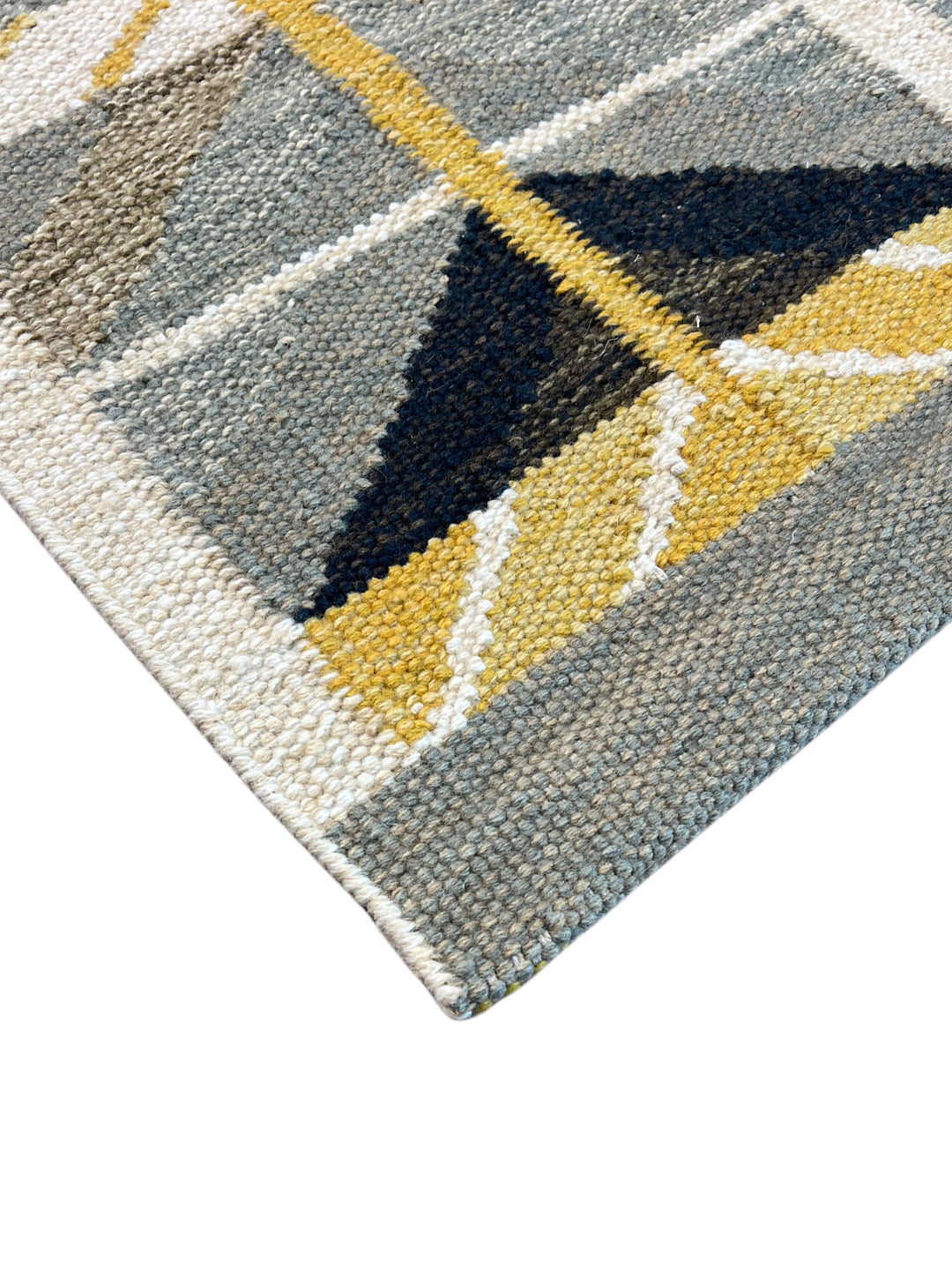 Golden Arrows - Slate Blue, Mustard &amp; Ivory Geometric Flatweave Rug – 8’0” x 10’0”