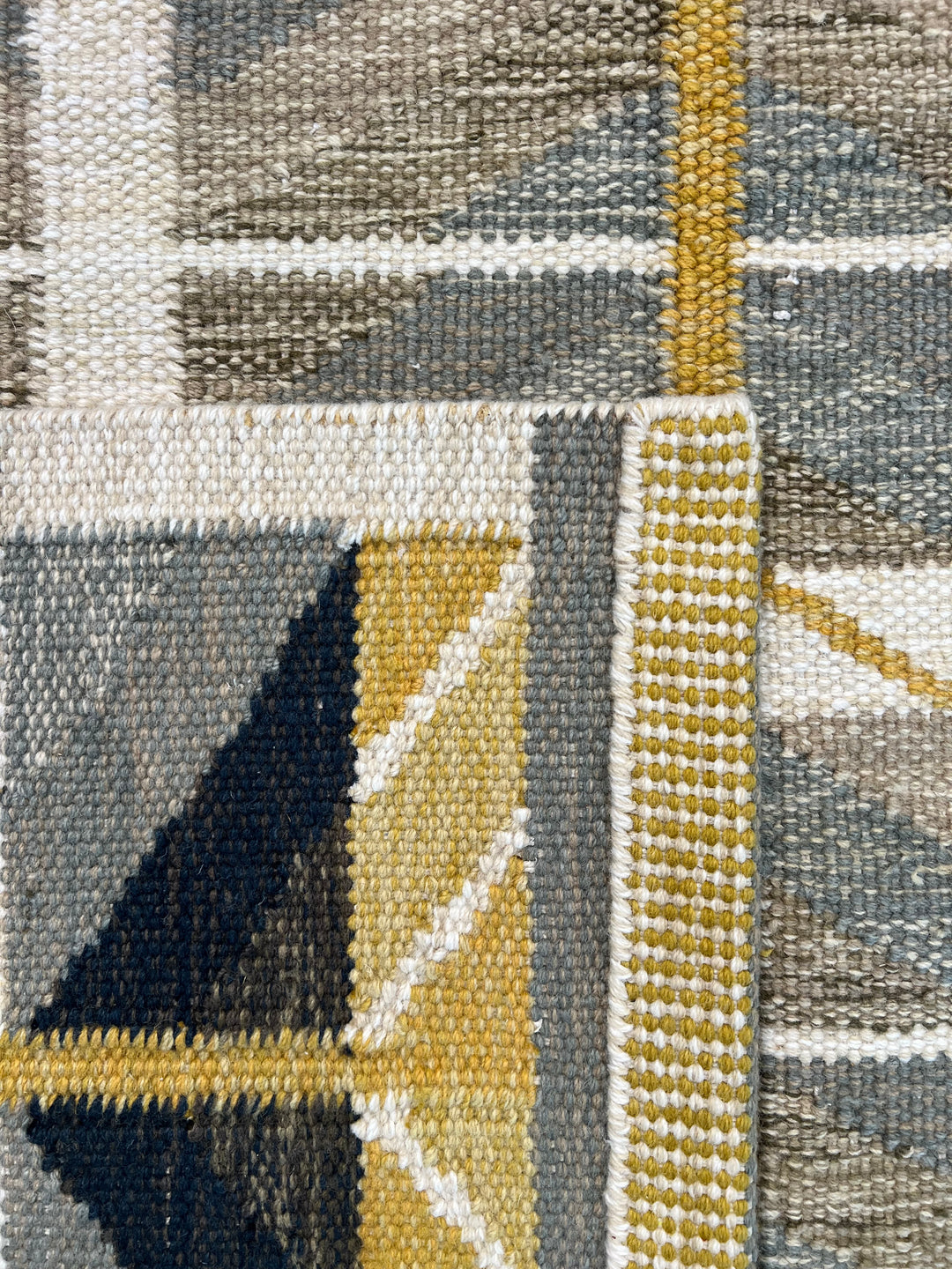 Golden Arrows - Slate Blue, Mustard &amp; Ivory Geometric Flatweave Rug – 8’0” x 10’0”