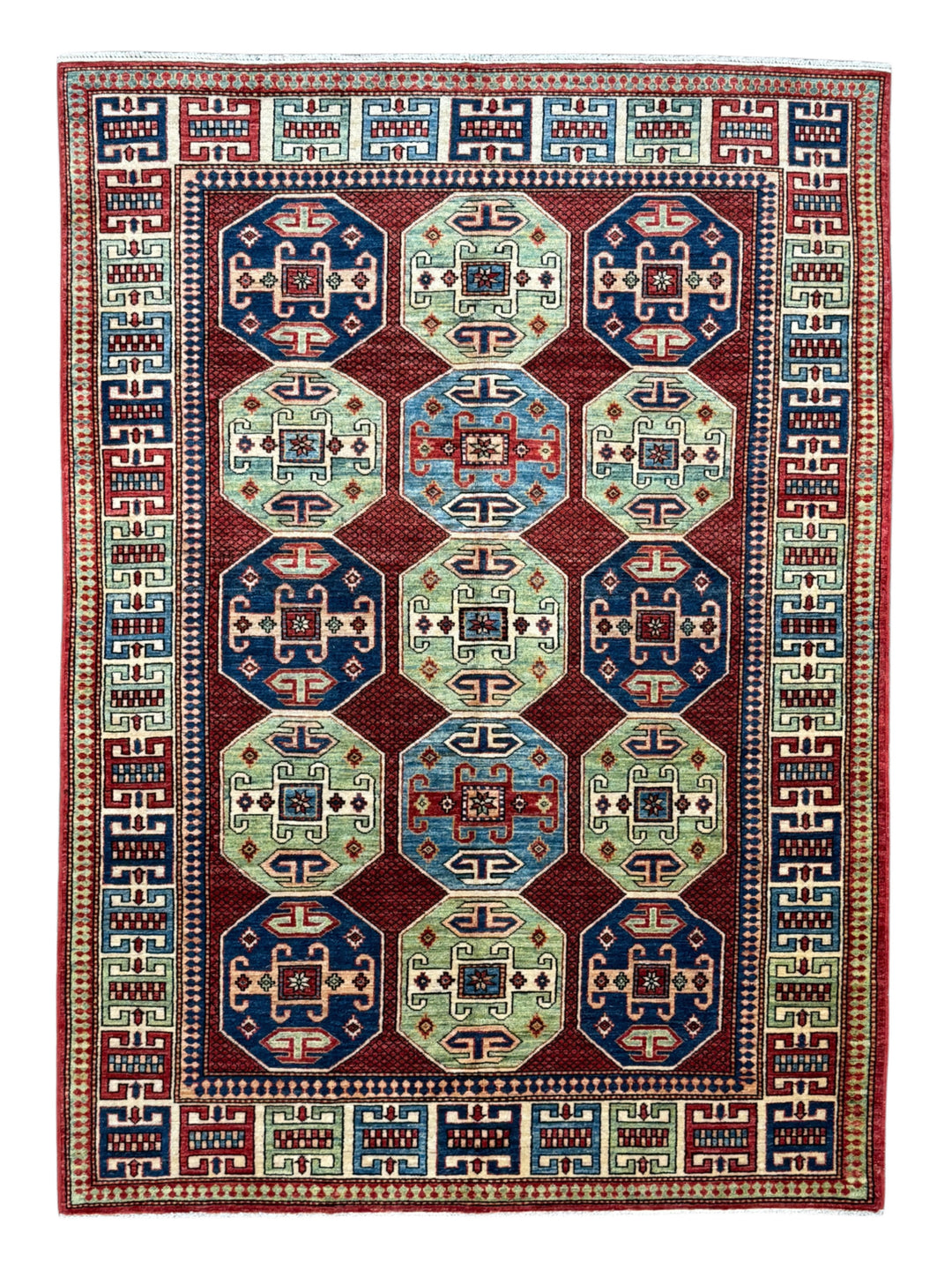 The Heritage Mosaic – Red, Navy Blue &amp; Sage Green Kazak Style Rug – 5’7” x 7’7”