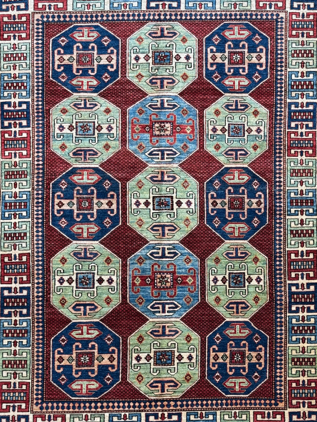 The Heritage Mosaic – Red, Navy Blue &amp; Sage Green Kazak Style Rug – 5’7” x 7’7”