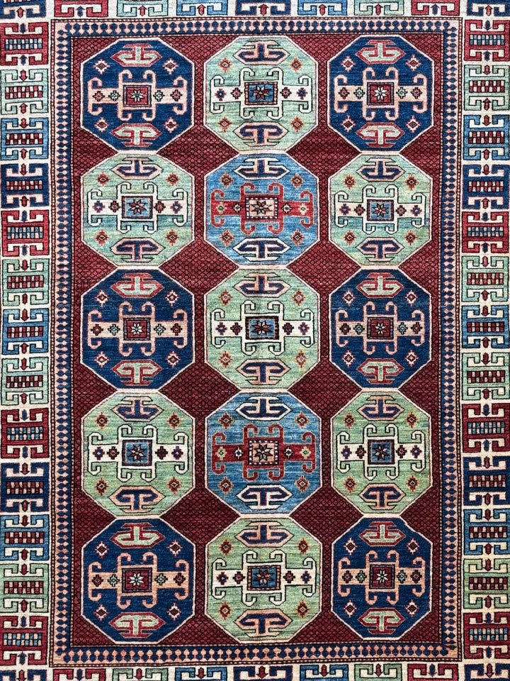 The Heritage Mosaic – Red, Navy Blue &amp; Sage Green Kazak Style Rug – 5’7” x 7’7”
