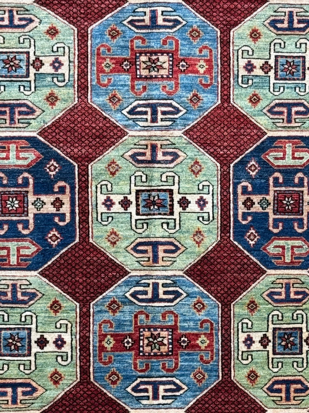 The Heritage Mosaic – Red, Navy Blue &amp; Sage Green Kazak Style Rug – 5’7” x 7’7”
