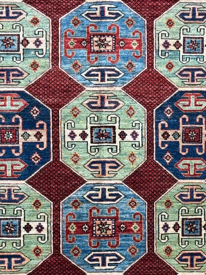 The Heritage Mosaic – Red, Navy Blue &amp; Sage Green Kazak Style Rug – 5’7” x 7’7”