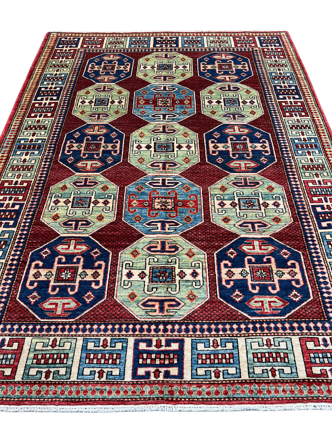 The Heritage Mosaic – Red, Navy Blue &amp; Sage Green Kazak Style Rug – 5’7” x 7’7”