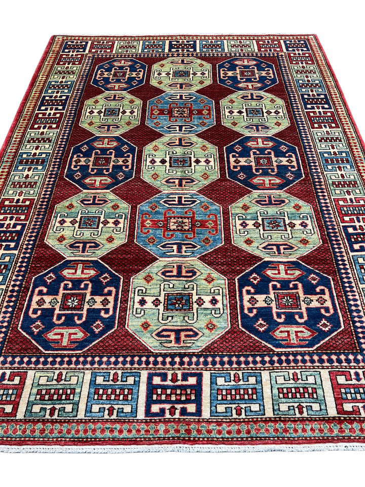 The Heritage Mosaic – Red, Navy Blue &amp; Sage Green Kazak Style Rug – 5’7” x 7’7”