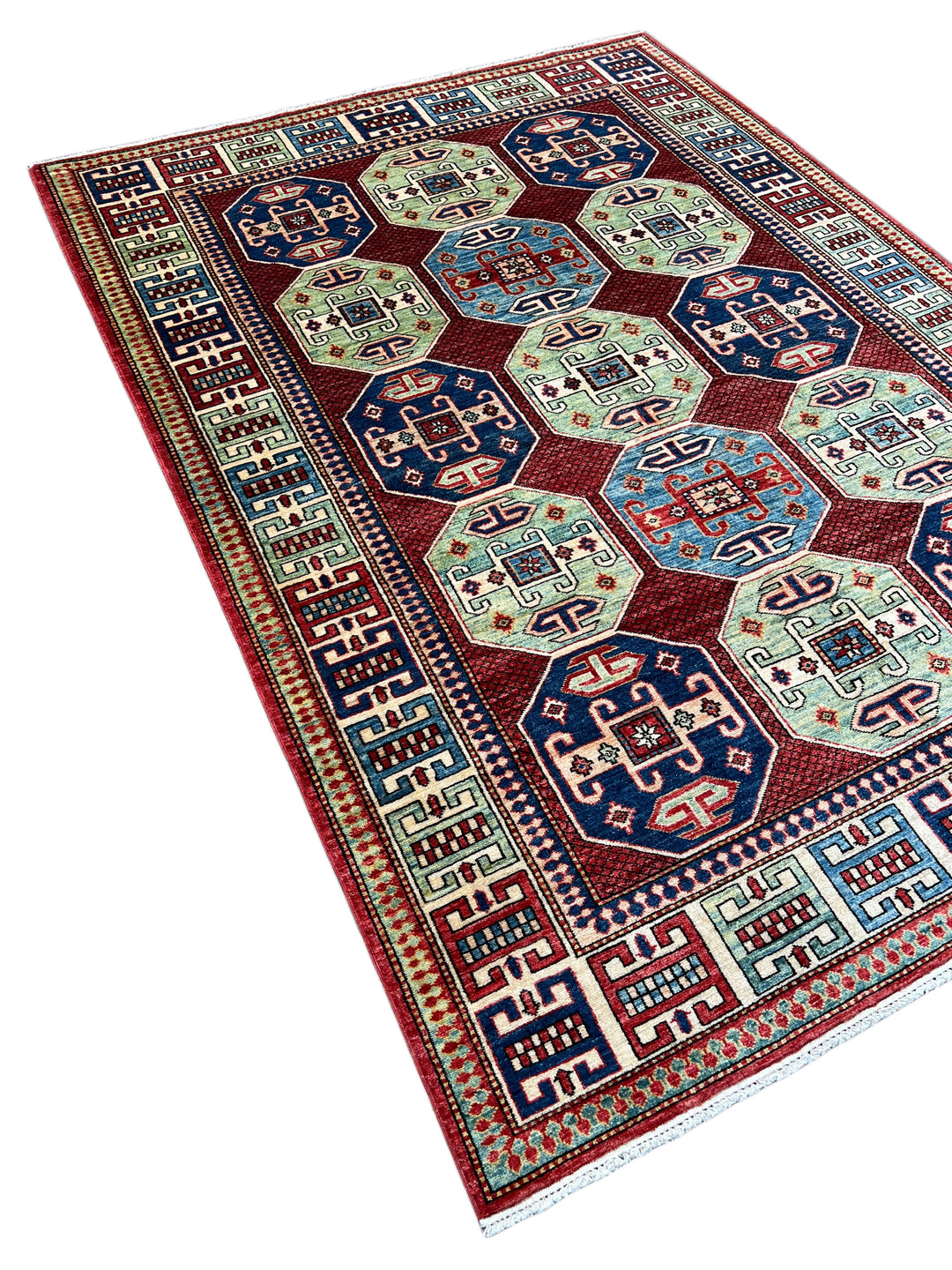 The Heritage Mosaic – Red, Navy Blue &amp; Sage Green Kazak Style Rug – 5’7” x 7’7”