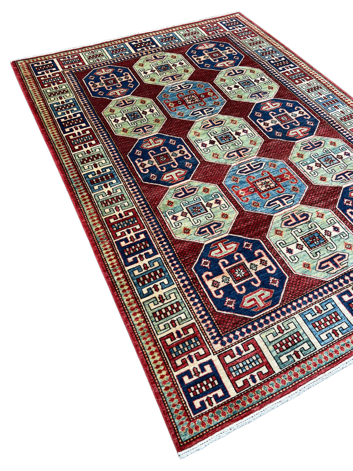 The Heritage Mosaic – Red, Navy Blue &amp; Sage Green Kazak Style Rug – 5’7” x 7’7”