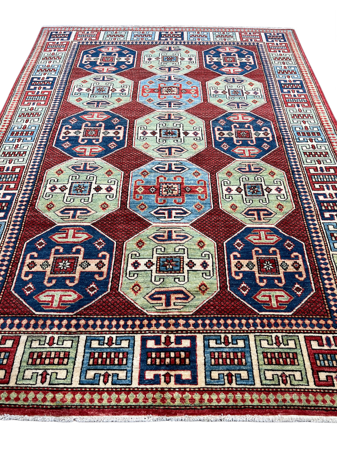 The Heritage Mosaic – Red, Navy Blue &amp; Sage Green Kazak Style Rug – 5’7” x 7’7”