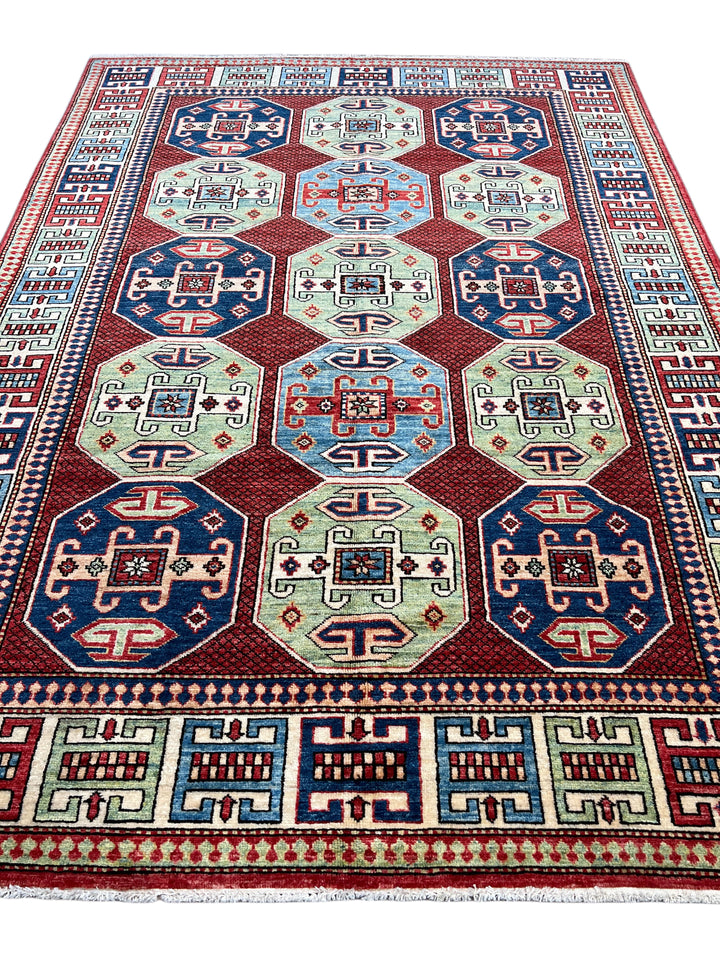 The Heritage Mosaic – Red, Navy Blue &amp; Sage Green Kazak Style Rug – 5’7” x 7’7”