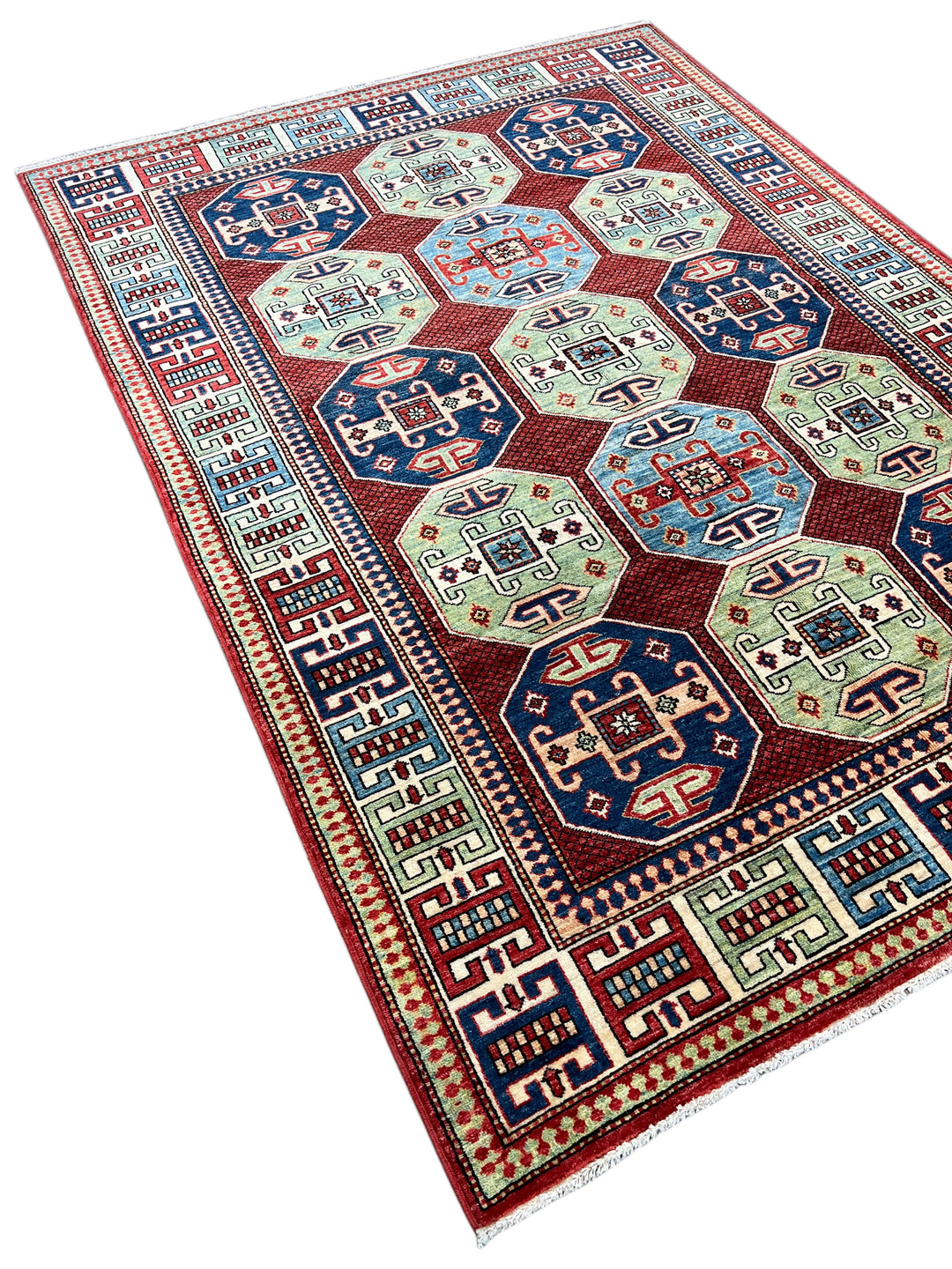 The Heritage Mosaic – Red, Navy Blue &amp; Sage Green Kazak Style Rug – 5’7” x 7’7”
