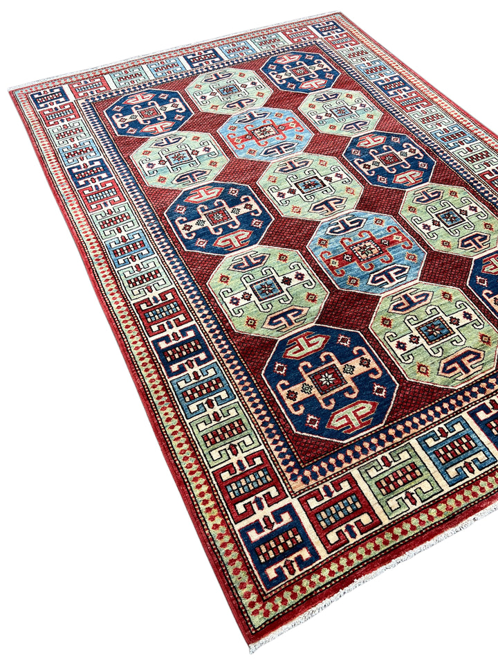 The Heritage Mosaic – Red, Navy Blue &amp; Sage Green Kazak Style Rug – 5’7” x 7’7”
