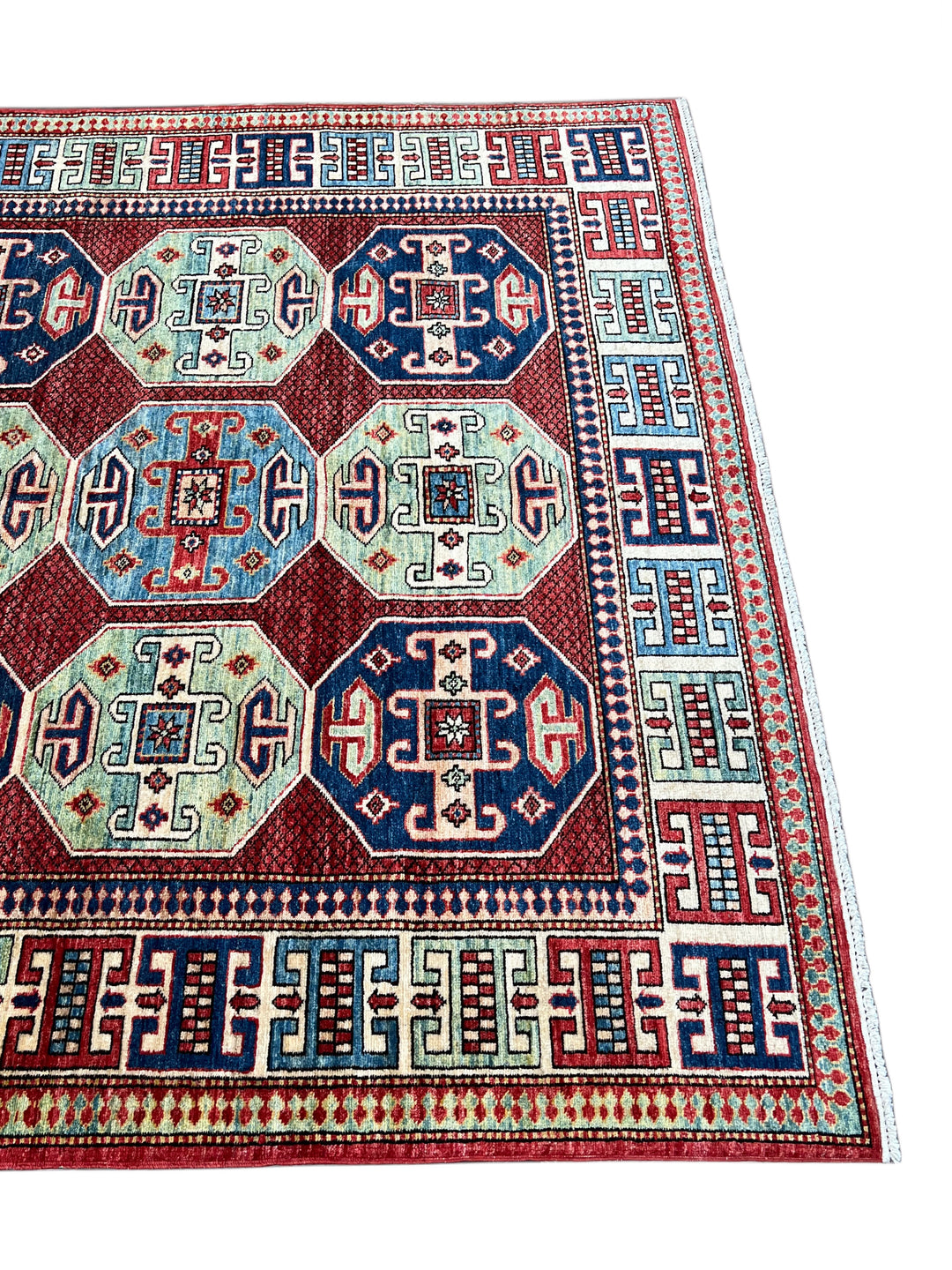 The Heritage Mosaic – Red, Navy Blue &amp; Sage Green Kazak Style Rug – 5’7” x 7’7”