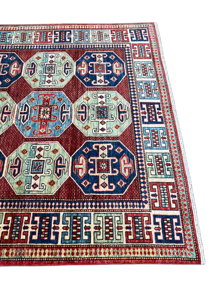 The Heritage Mosaic – Red, Navy Blue &amp; Sage Green Kazak Style Rug – 5’7” x 7’7”