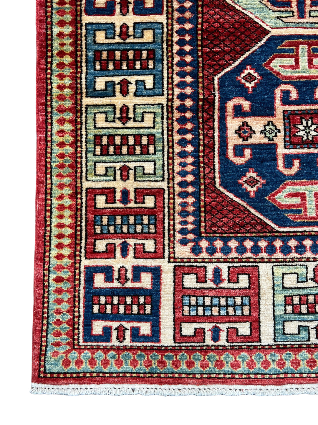 The Heritage Mosaic – Red, Navy Blue &amp; Sage Green Kazak Style Rug – 5’7” x 7’7”