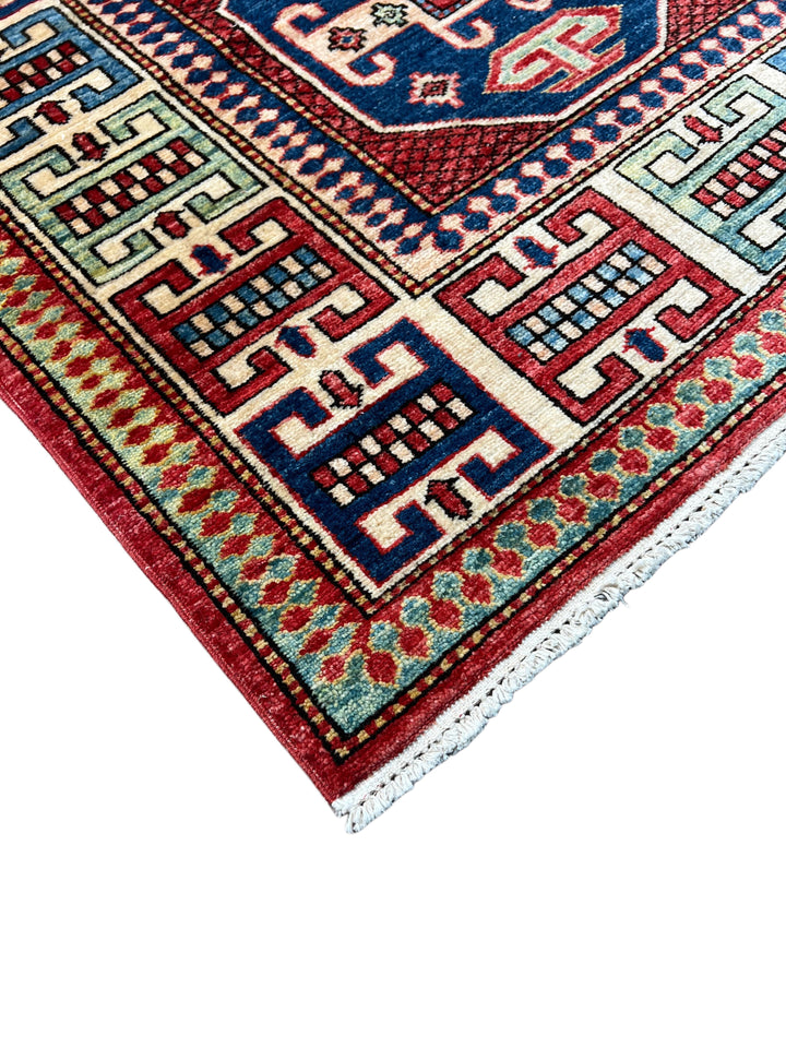 The Heritage Mosaic – Red, Navy Blue &amp; Sage Green Kazak Style Rug – 5’7” x 7’7”