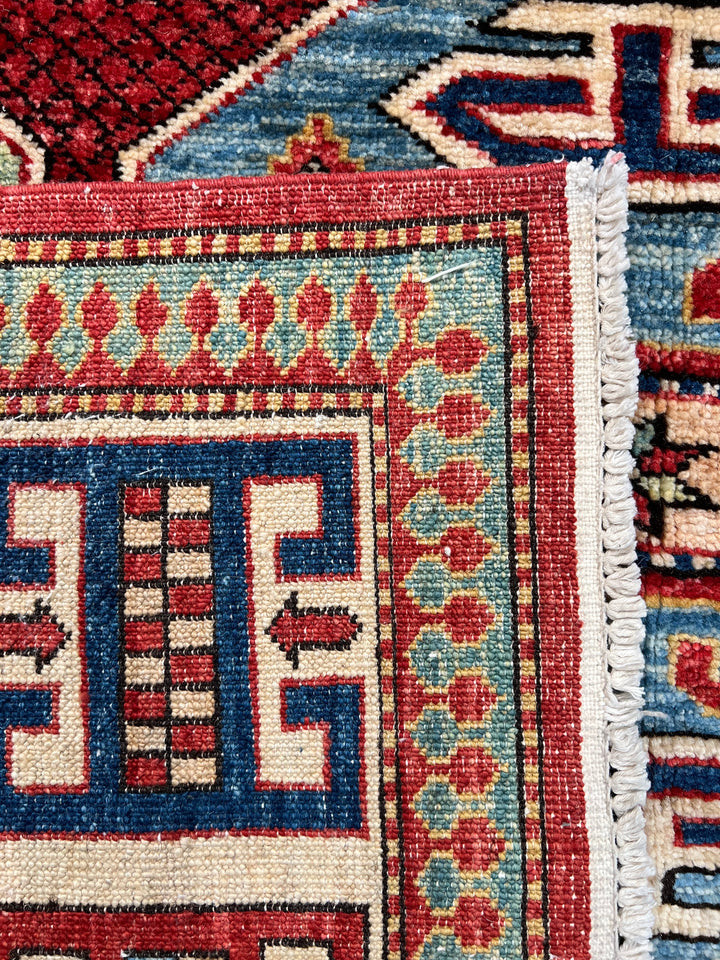 The Heritage Mosaic – Red, Navy Blue &amp; Sage Green Kazak Style Rug – 5’7” x 7’7”