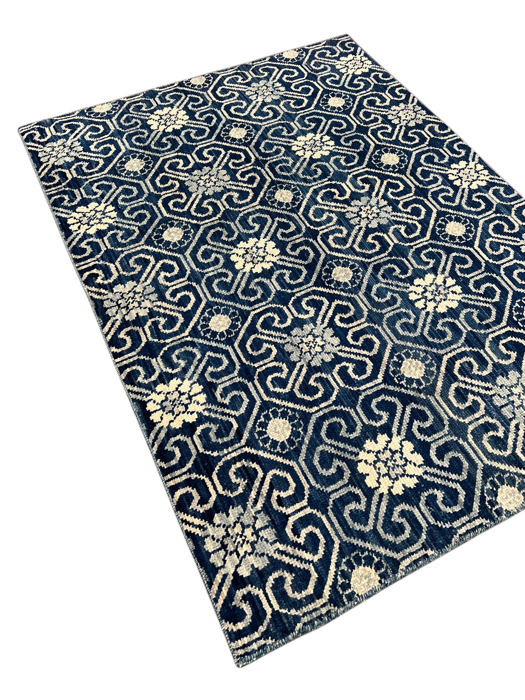 The Midnight Arabesque – Navy Blue, Ivory &amp; Soft Blue Ornamental Rug – 4’5” x 6’0”