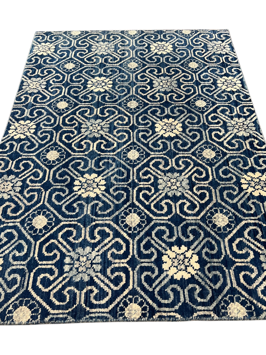 The Midnight Arabesque – Navy Blue, Ivory &amp; Soft Blue Ornamental Rug – 4’5” x 6’0”