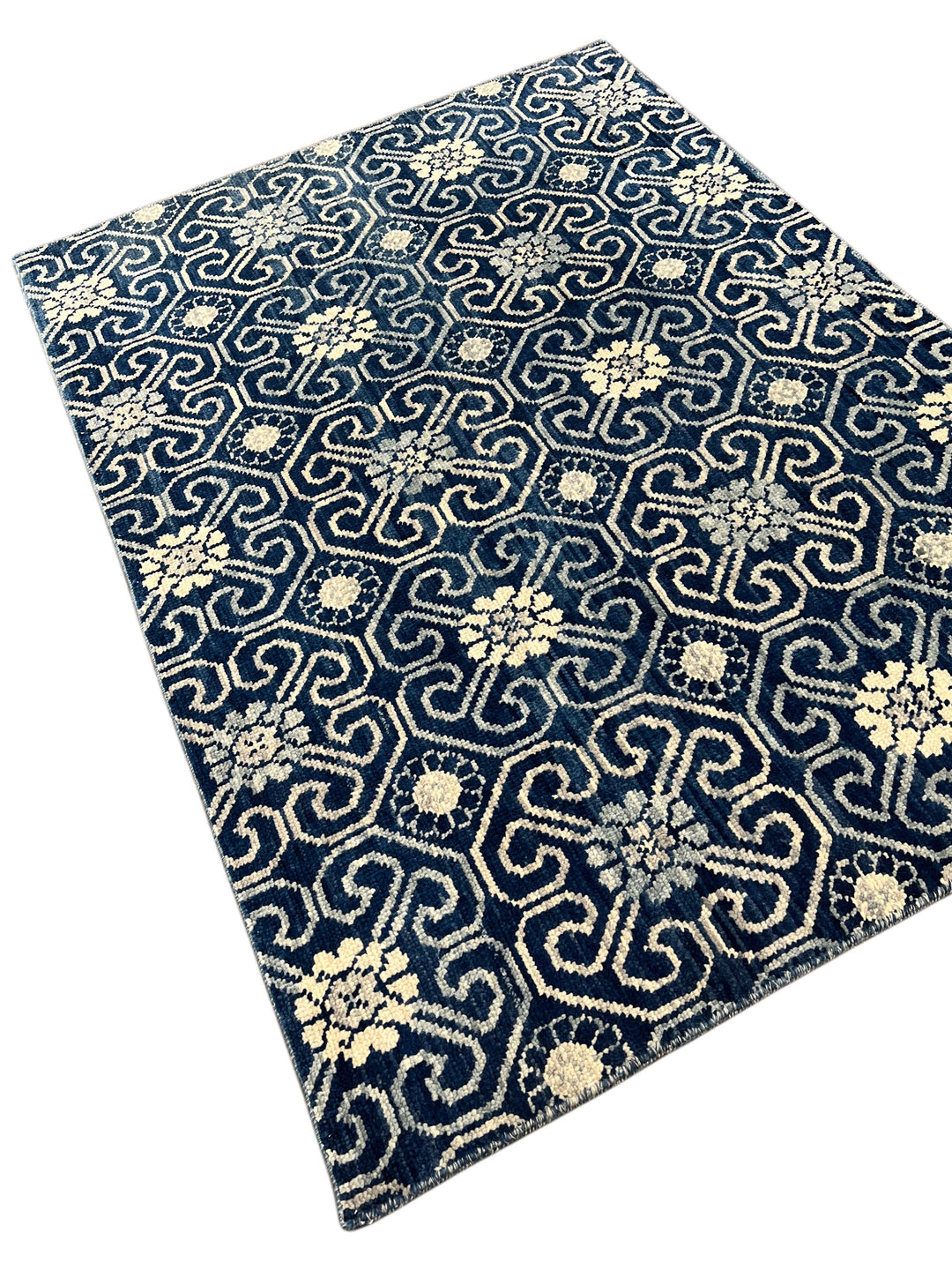 The Midnight Arabesque – Navy Blue, Ivory &amp; Soft Blue Ornamental Rug – 4’5” x 6’0”