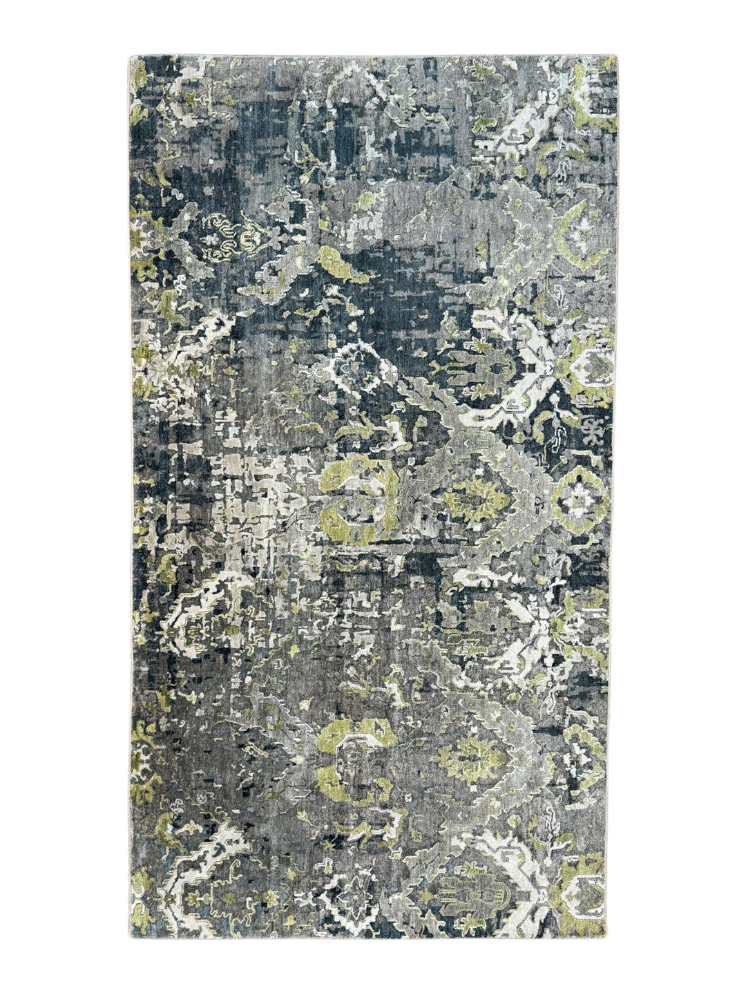 The Verdant Eclipse – Charcoal Gray, Sage Green &amp; Ivory Abstract Rug – 4’10” x 8’10”