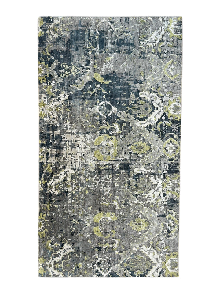 The Verdant Eclipse – Charcoal Gray, Sage Green &amp; Ivory Abstract Rug – 4’10” x 8’10”