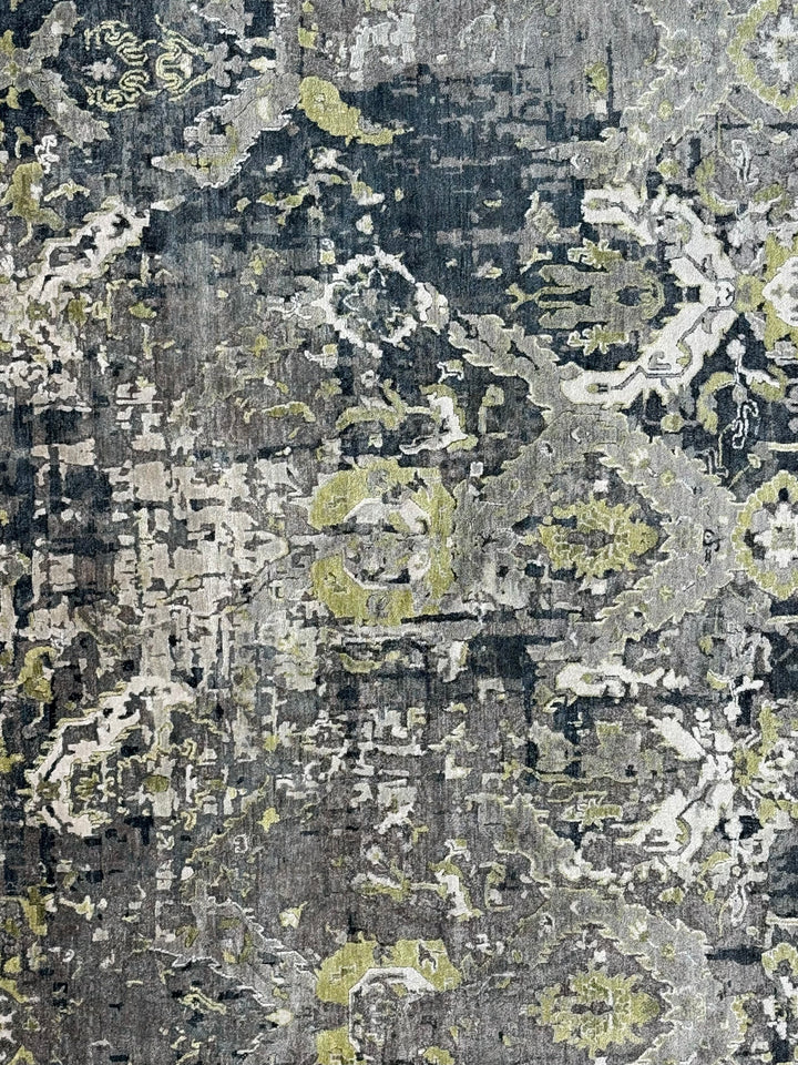 The Verdant Eclipse – Charcoal Gray, Sage Green &amp; Ivory Abstract Rug – 4’10” x 8’10”