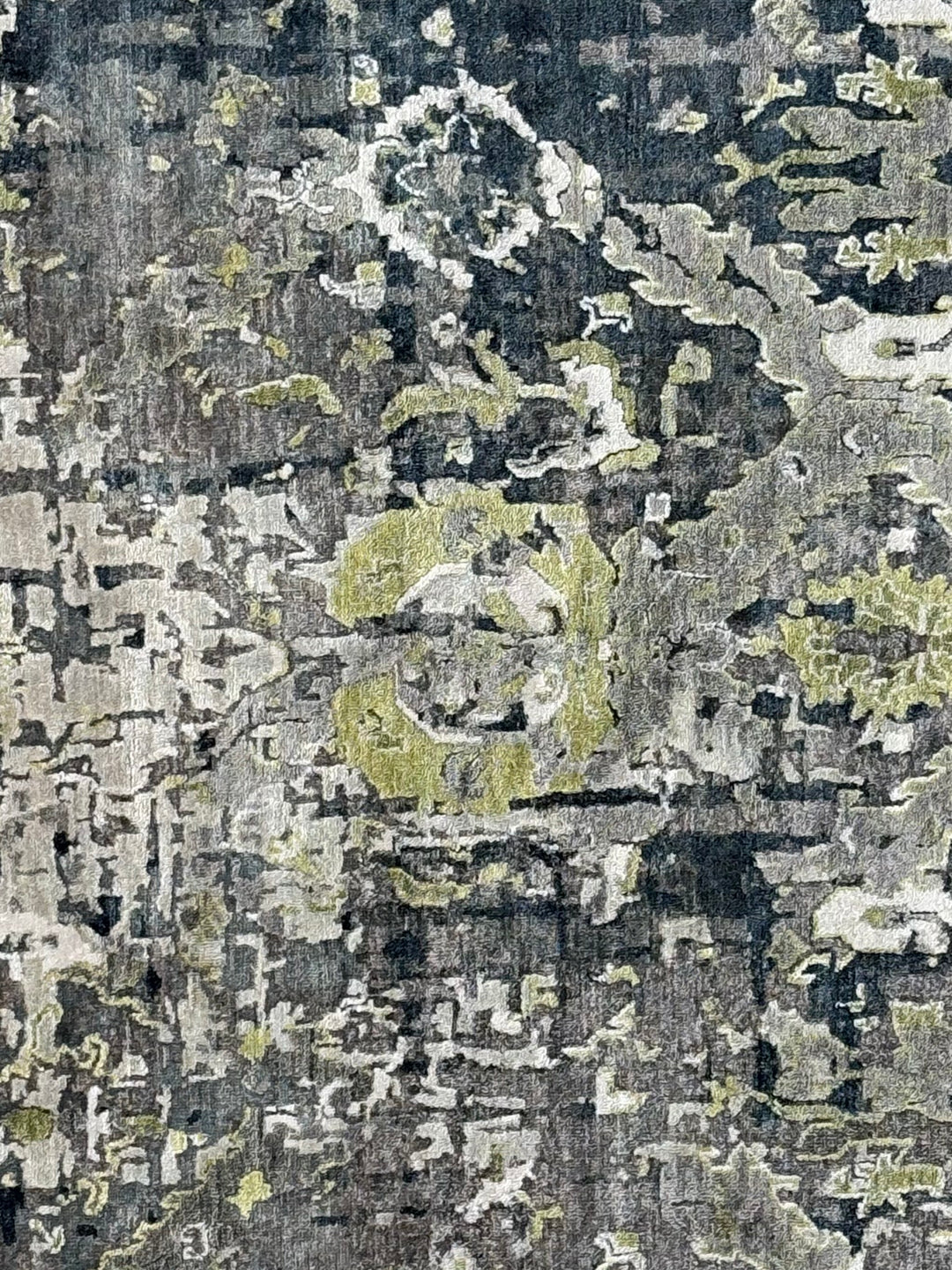 The Verdant Eclipse – Charcoal Gray, Sage Green &amp; Ivory Abstract Rug – 4’10” x 8’10”