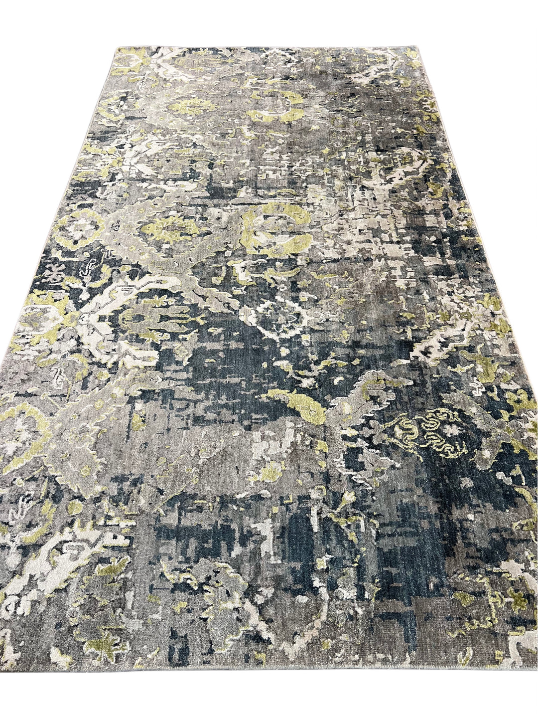 The Verdant Eclipse – Charcoal Gray, Sage Green &amp; Ivory Abstract Rug – 4’10” x 8’10”