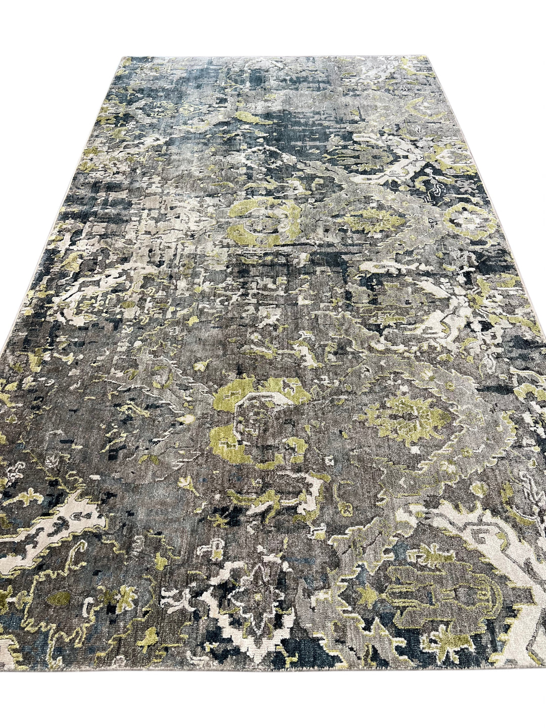 The Verdant Eclipse – Charcoal Gray, Sage Green &amp; Ivory Abstract Rug – 4’10” x 8’10”