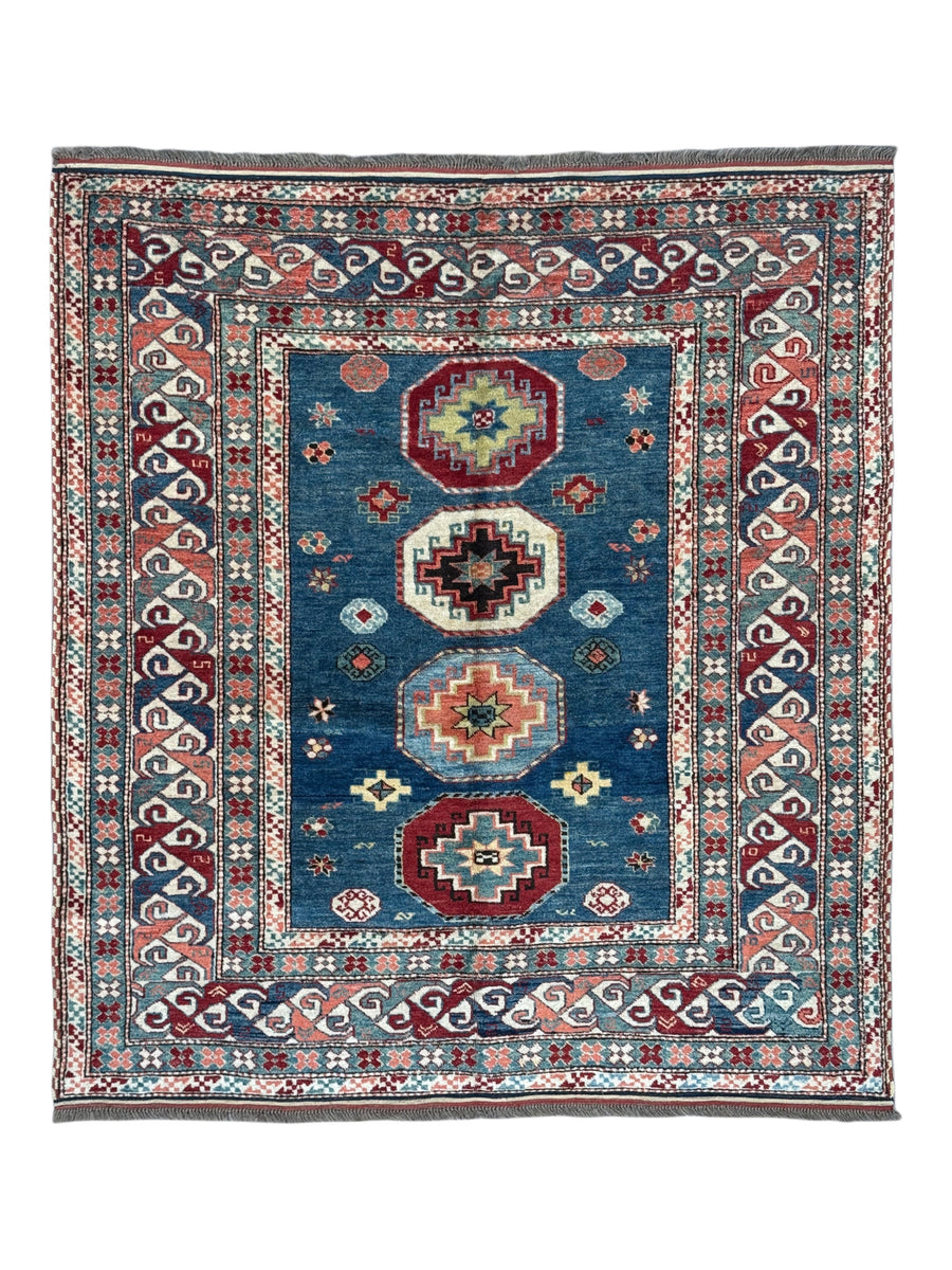 The Anatolian Heritage – Deep Blue, Burgundy & Coral Turkish Geometric Rug – 5’4” x 6’1”