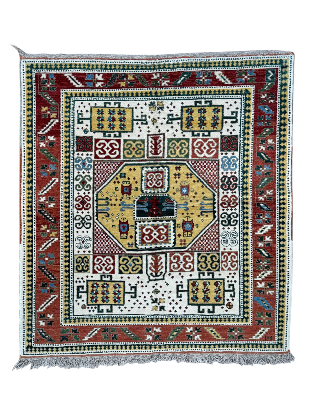 The Golden Mosaic - Ivory, Rust Red &amp; Golden Yellow Geometric Rug – 6’7” x 7’3”
