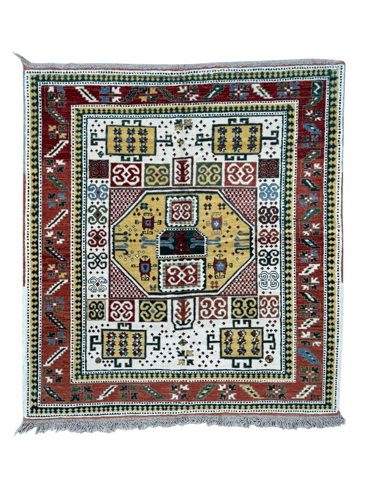The Golden Mosaic - Ivory, Rust Red &amp; Golden Yellow Geometric Rug – 6’7” x 7’3”