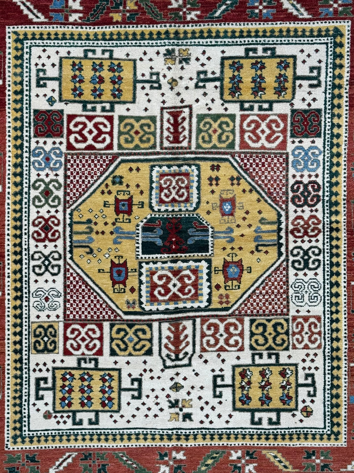 The Golden Mosaic - Ivory, Rust Red &amp; Golden Yellow Geometric Rug – 6’7” x 7’3”