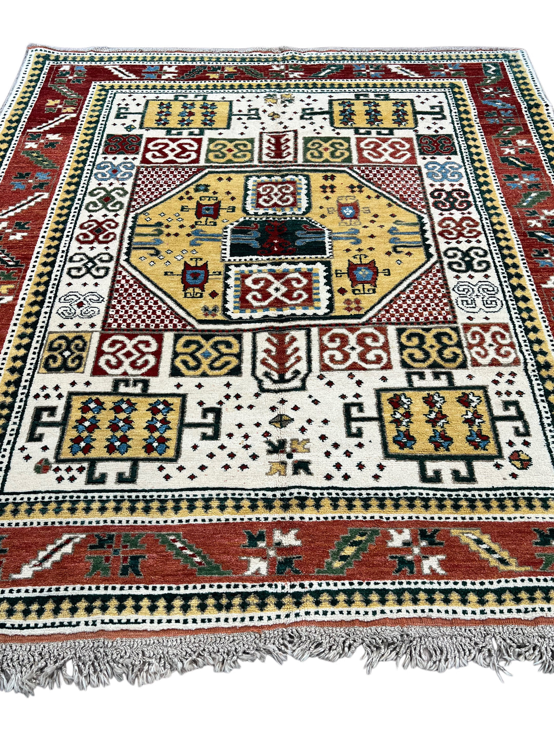 The Golden Mosaic - Ivory, Rust Red &amp; Golden Yellow Geometric Rug – 6’7” x 7’3”