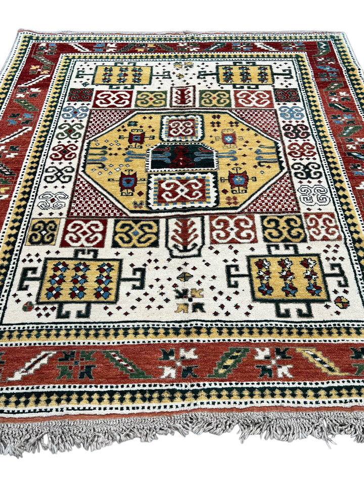 The Golden Mosaic - Ivory, Rust Red &amp; Golden Yellow Geometric Rug – 6’7” x 7’3”