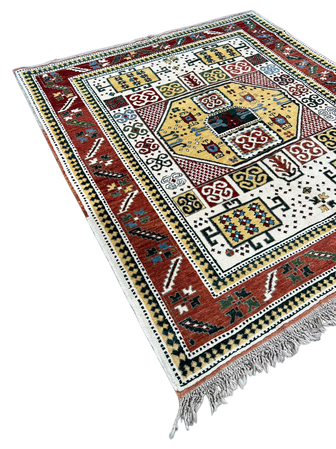 The Golden Mosaic - Ivory, Rust Red &amp; Golden Yellow Geometric Rug – 6’7” x 7’3”