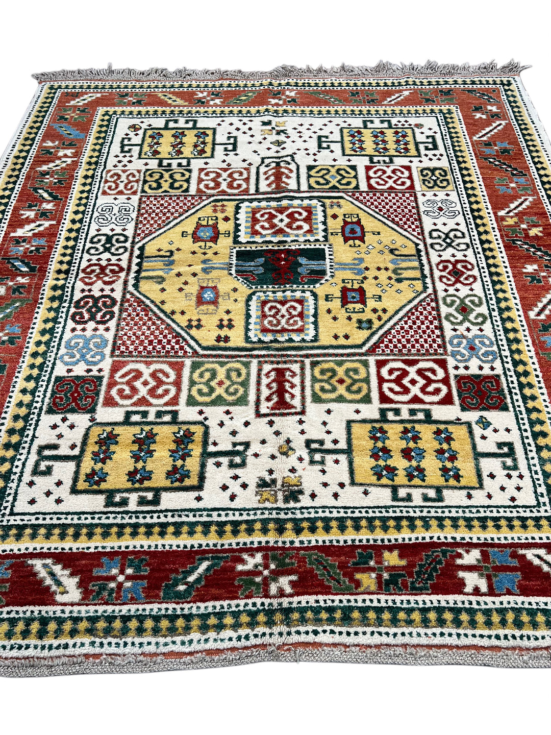 The Golden Mosaic - Ivory, Rust Red &amp; Golden Yellow Geometric Rug – 6’7” x 7’3”