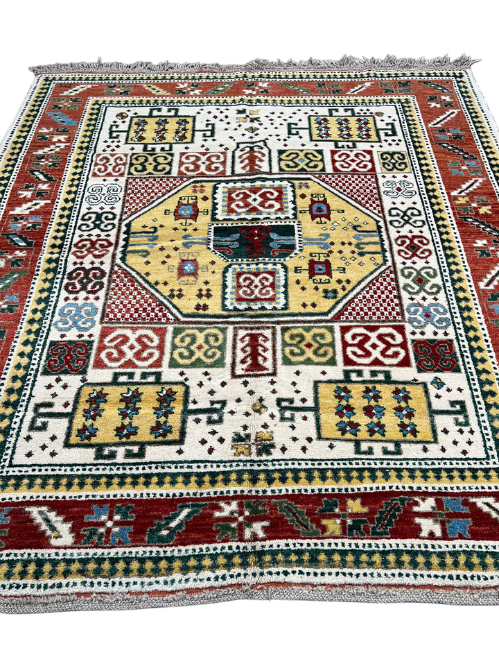 The Golden Mosaic - Ivory, Rust Red &amp; Golden Yellow Geometric Rug – 6’7” x 7’3”