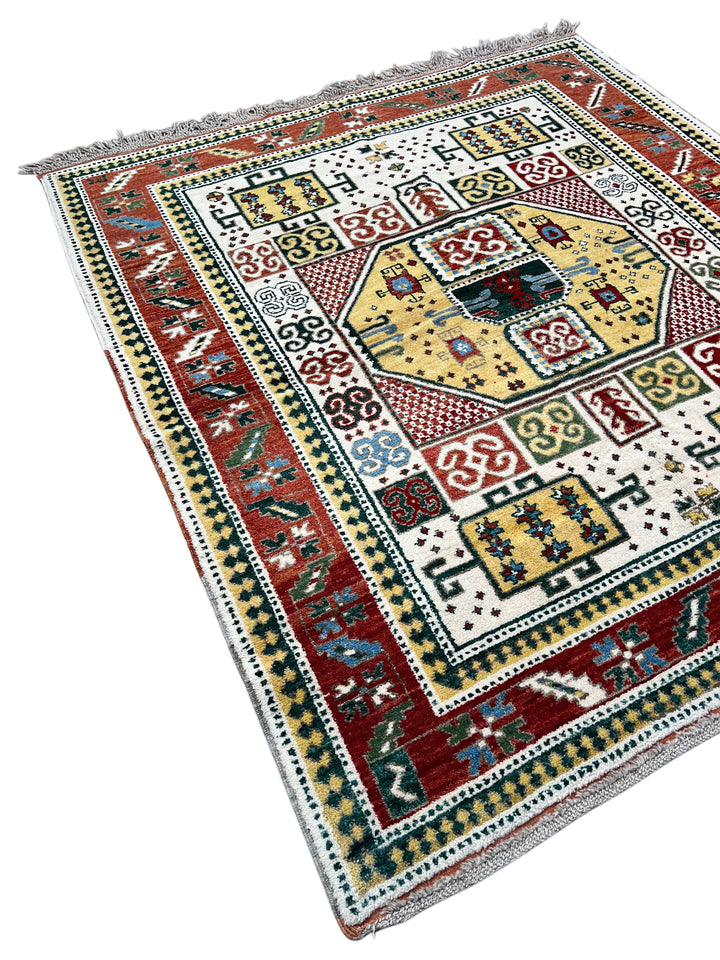 The Golden Mosaic - Ivory, Rust Red &amp; Golden Yellow Geometric Rug – 6’7” x 7’3”