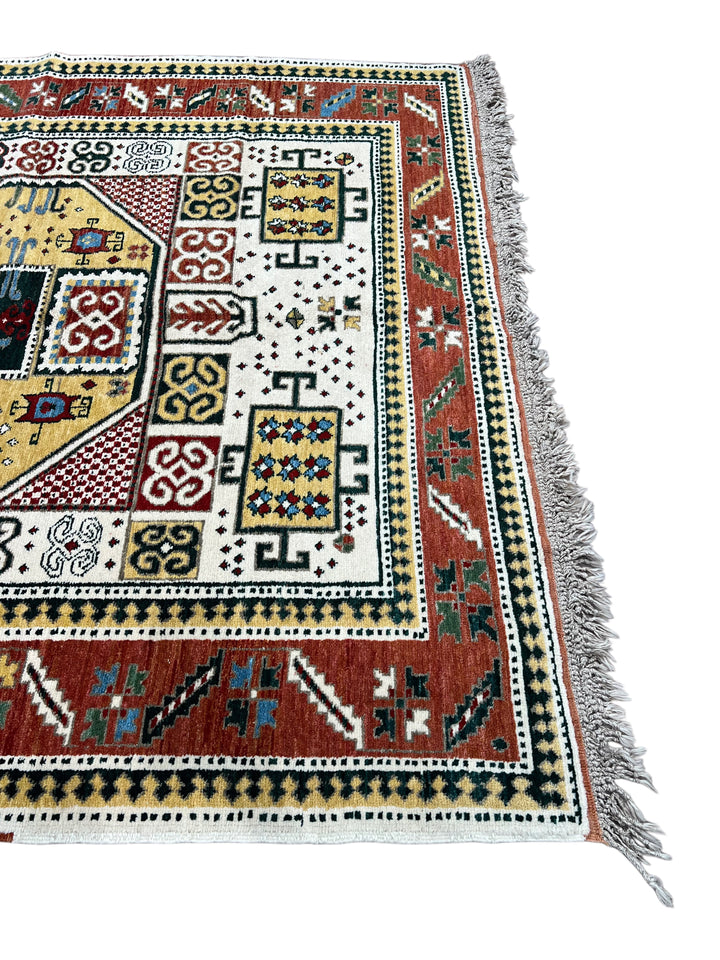 The Golden Mosaic - Ivory, Rust Red &amp; Golden Yellow Geometric Rug – 6’7” x 7’3”