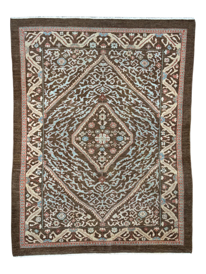 Chocolate Brown &amp; Sky Blue Antique Bakshaish Rug – The Azure Heritage – Circa 1930s – 6’4” x 8’3”