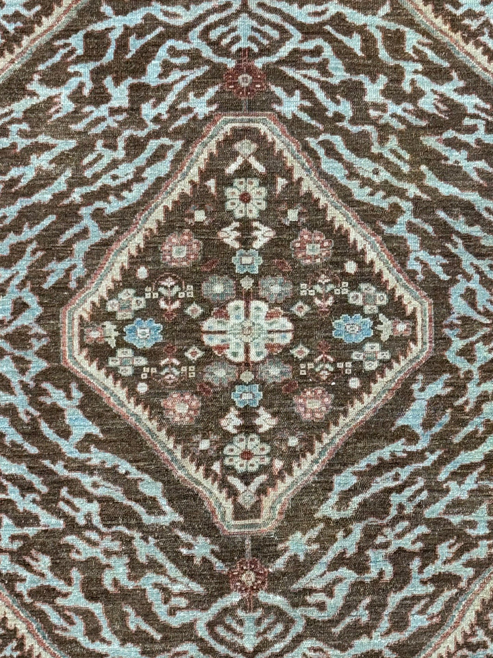 Chocolate Brown &amp; Sky Blue Antique Bakshaish Rug – The Azure Heritage – Circa 1930s – 6’4” x 8’3”
