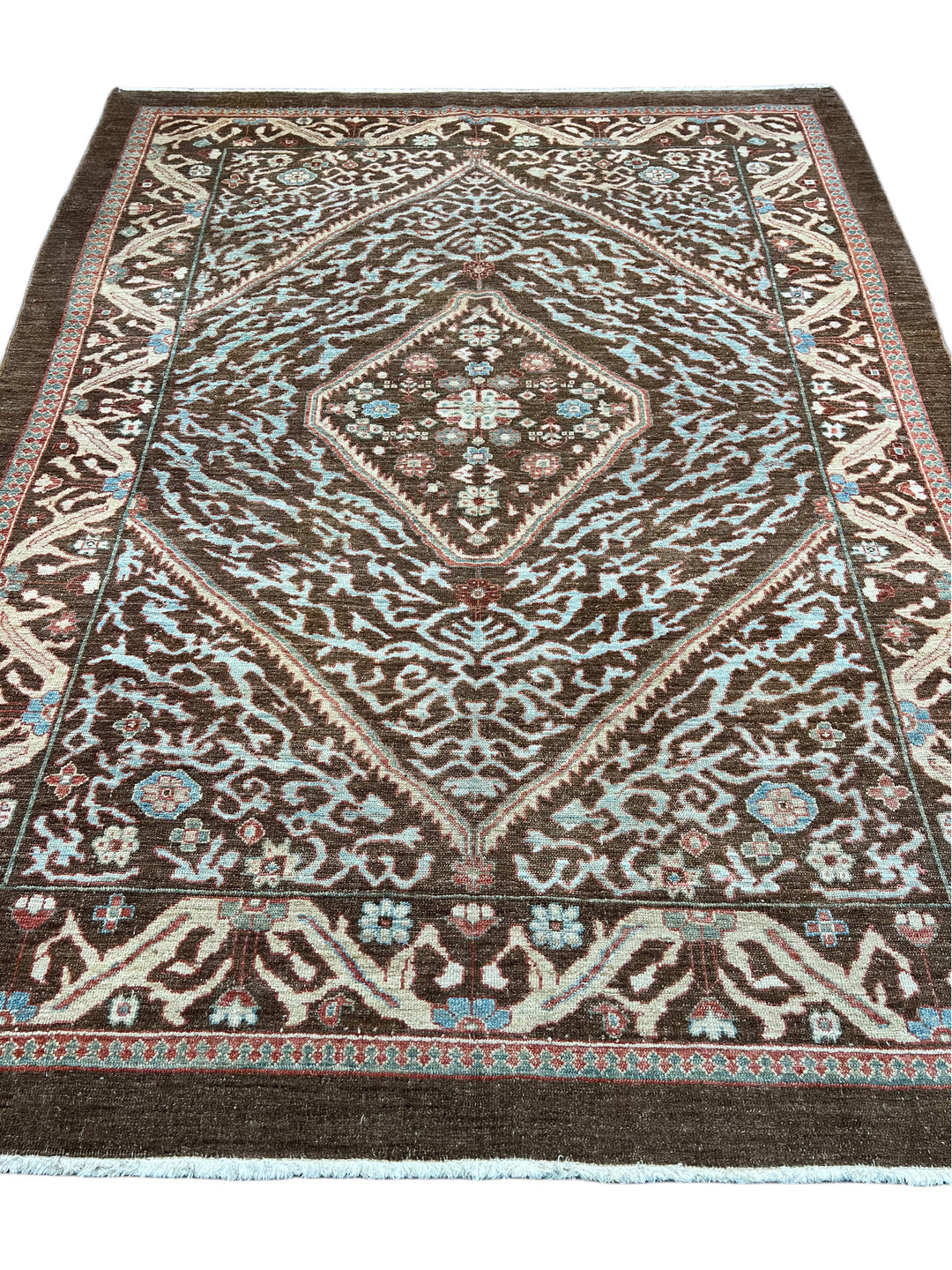 Chocolate Brown &amp; Sky Blue Antique Bakshaish Rug – The Azure Heritage – Circa 1930s – 6’4” x 8’3”