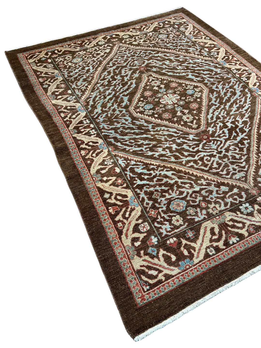 Chocolate Brown &amp; Sky Blue Antique Bakshaish Rug – The Azure Heritage – Circa 1930s – 6’4” x 8’3”