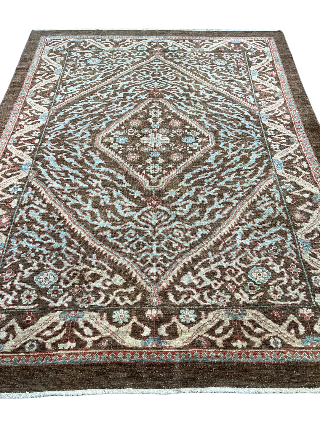 Chocolate Brown &amp; Sky Blue Antique Bakshaish Rug – The Azure Heritage – Circa 1930s – 6’4” x 8’3”
